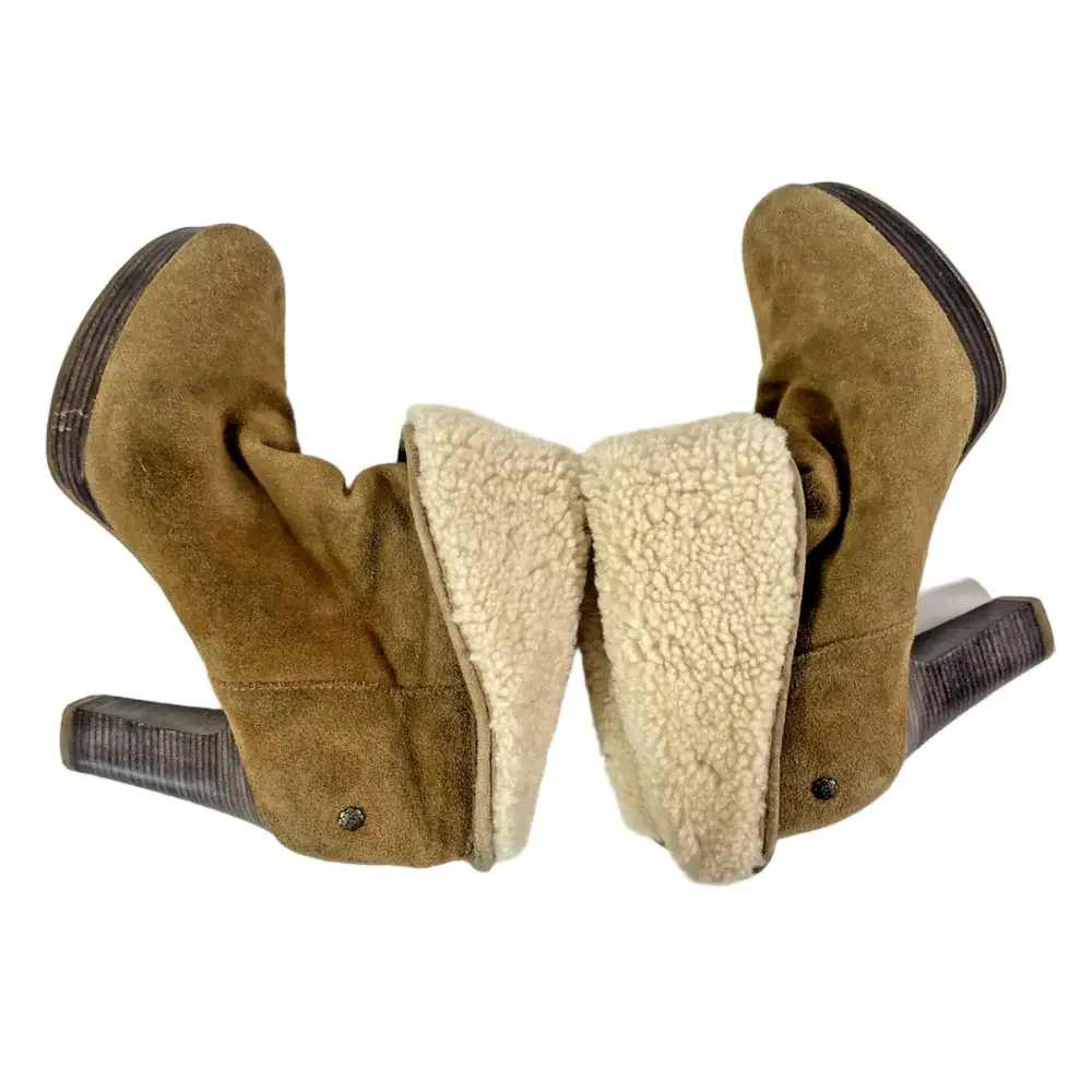 UGG Dandylion Booties Sz 8.5 Suede Sheepskin Foldover Shearling Heeled Chestnut